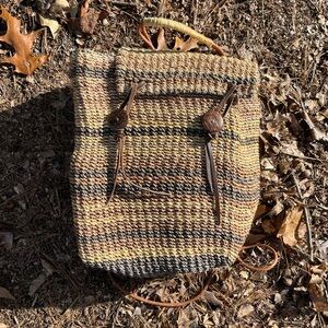 Handmade Woven Backpack Wooden Button Closure Leather Trim Boho Earthy